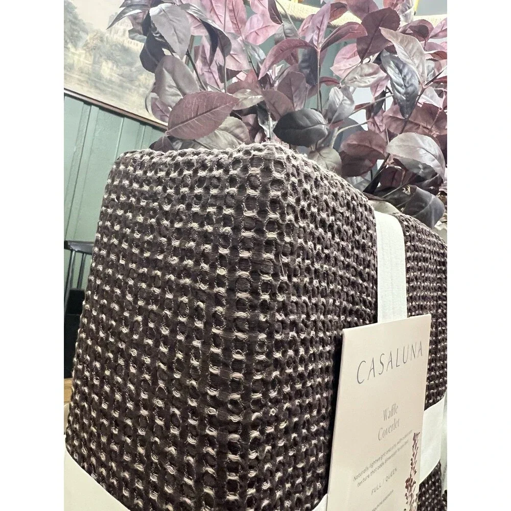 SET Full/Queen Textured Waffle Coverlet & 2 Standard Shams Dark Fig-Casaluna NEW